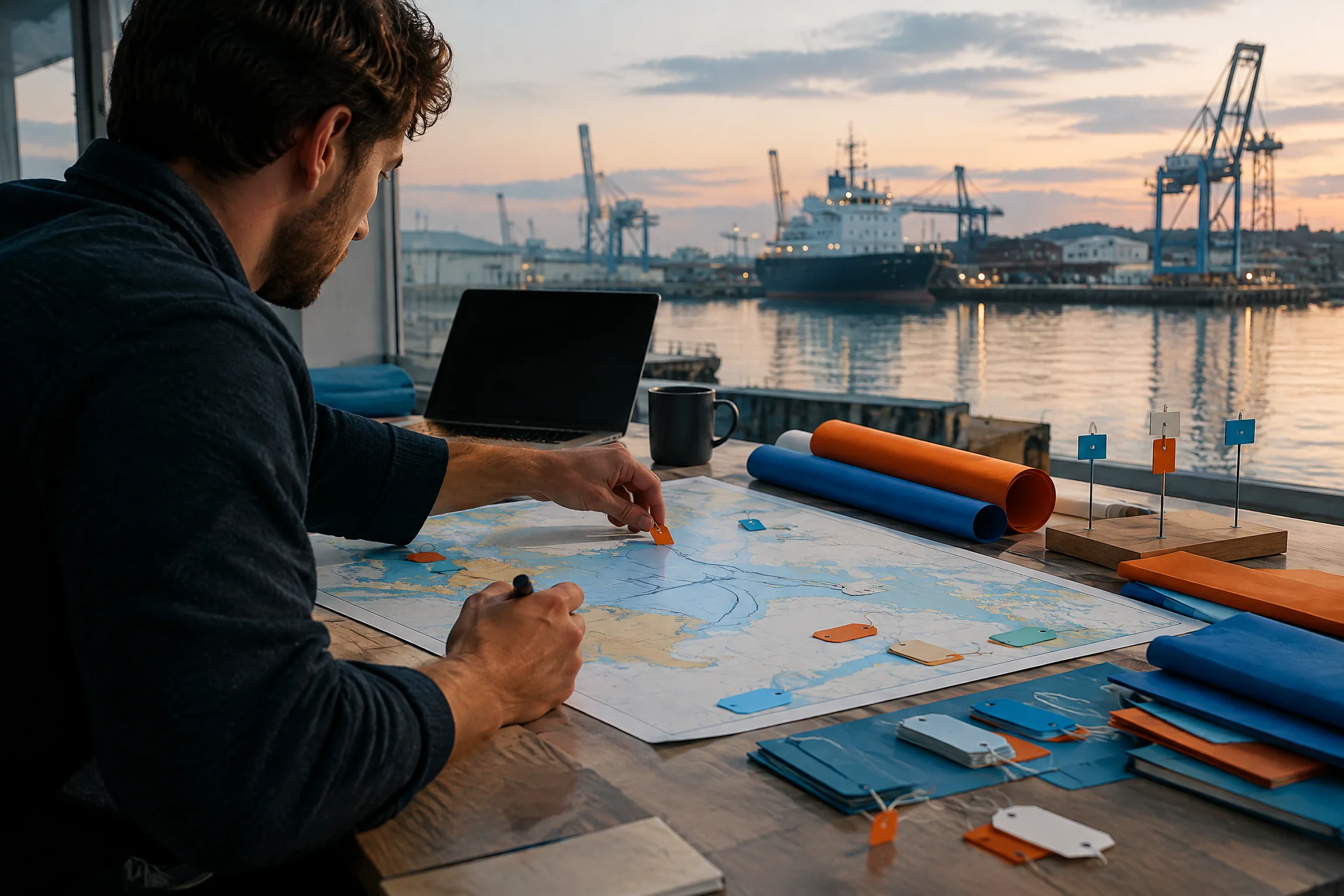 Engineering team at a waterfront work table